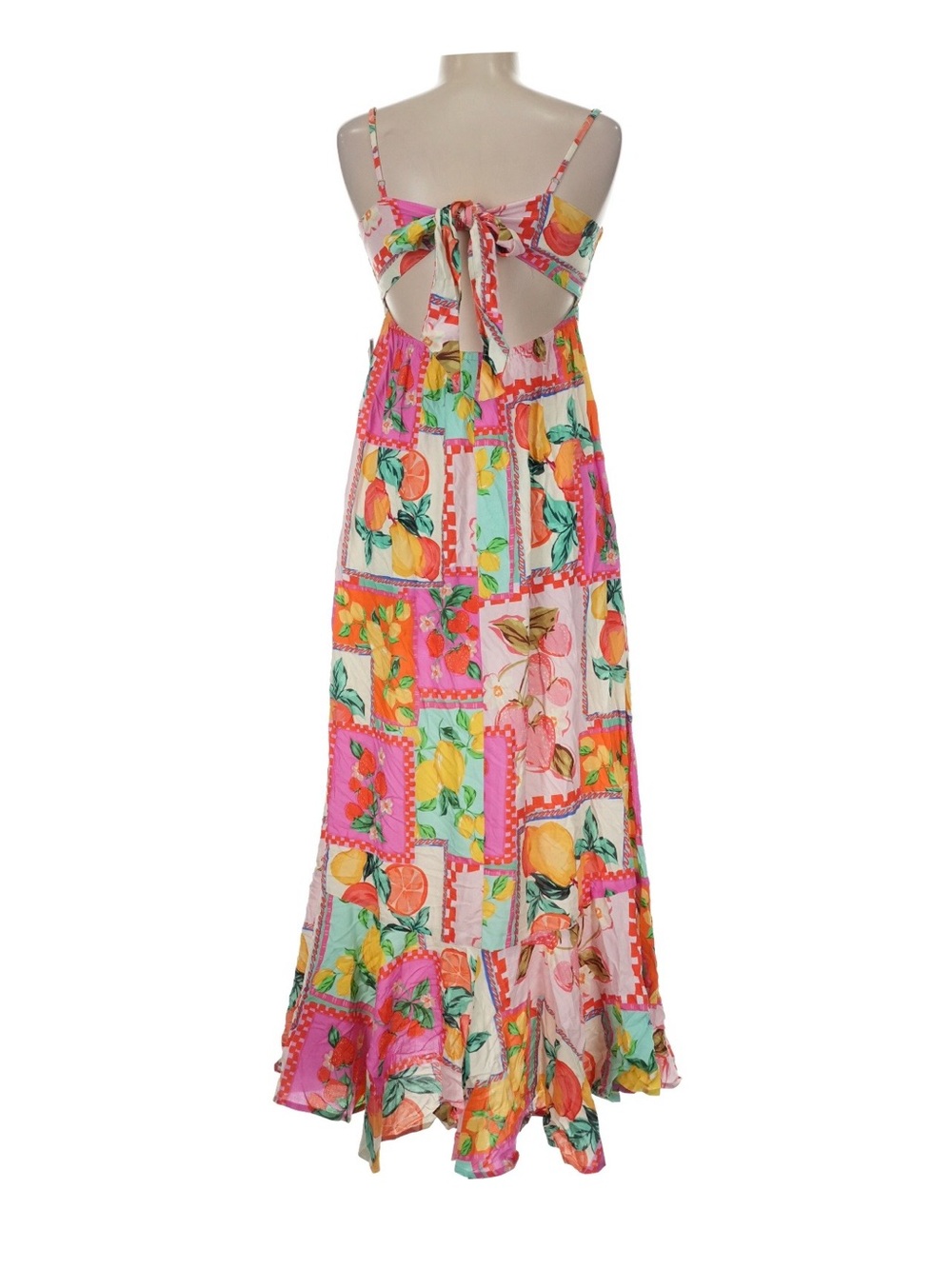 Paper Heart Fruit Patchwork Midi Dress Pink Lemon Berry Print Tiered Size M - Picture 2 of 2